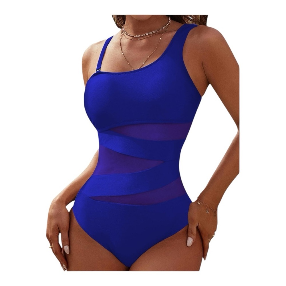 Blooming Jelly One-Shoulder Slimming Mesh One-Piece Swimsuit Royal Blue Size M